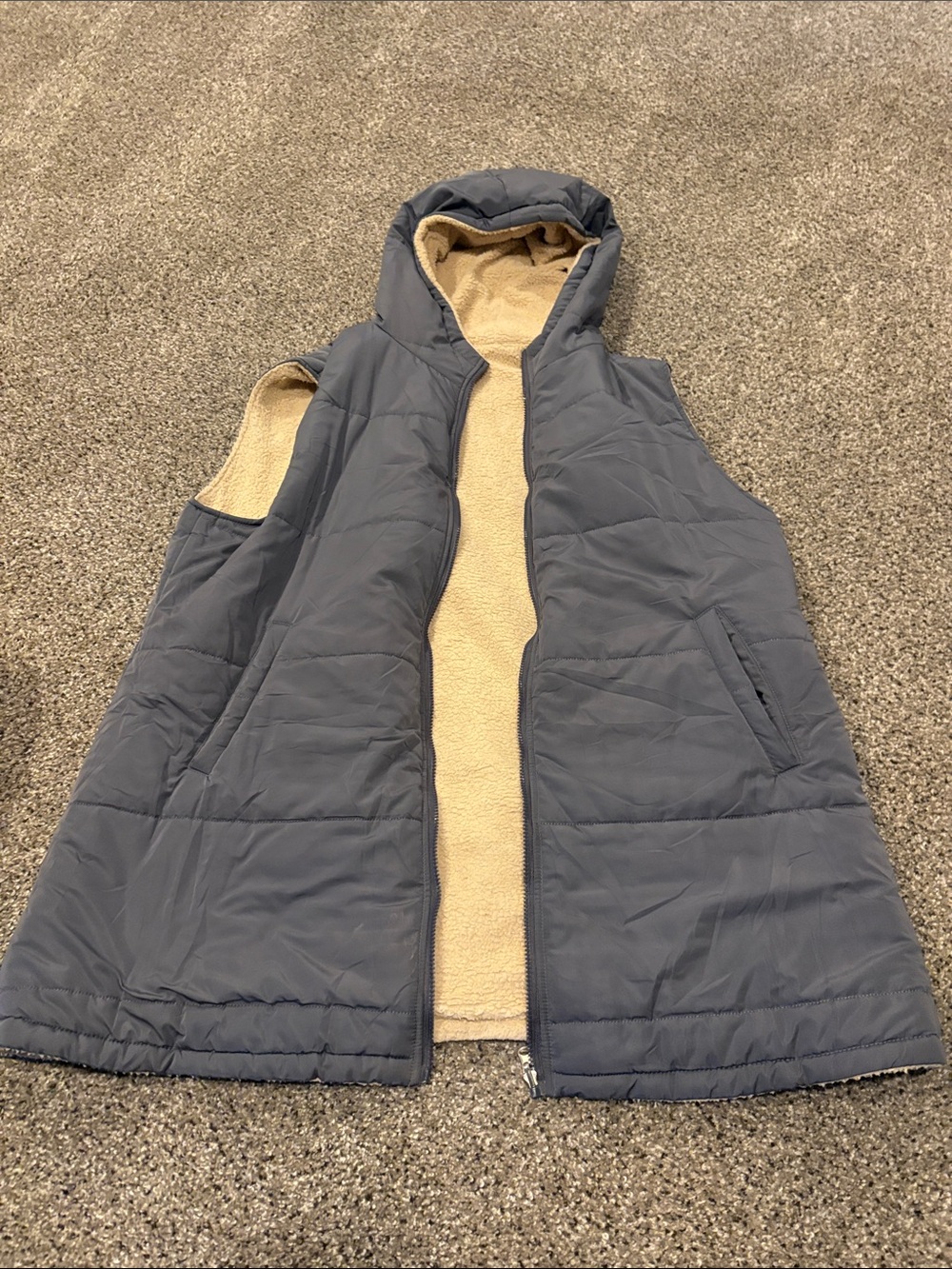 Sherpa-Lined Hooded Long Puffer Vest in Slate Blue - Women's